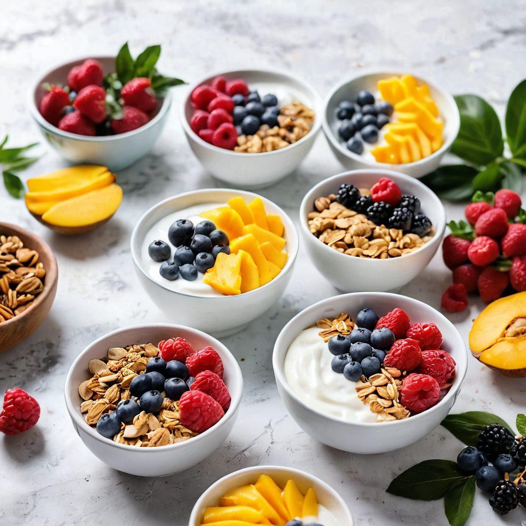 A vibrant display of various yogurt alternatives, featuring coconut yogurt, almond yogurt, and soy yogurt in colorful bowls. Surround each bowl with fresh fruits like berries and mango slices, along with spoonfuls of granola. A sunny kitchen setting with greenery in the background, showcasing a healthy lifestyle. The image should evoke a sense of freshness and wellness. super-realistic. vibrant colors. bright kitchen background.
