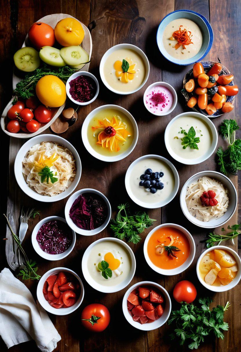 A vibrant, visually appealing spread of various fermented foods such as colorful kimchi, sauerkraut, and yogurt cups, surrounded by an array of mouth-watering dairy desserts like panna cotta and fruit tarts. The background features a natural, rustic kitchen setting with fresh herbs and wooden utensils to create a warm atmosphere that emphasizes healthy snacking. The focus is on texture and color to evoke a sense of appetizing nourishment. vibrant colors. rustic style. 3D.