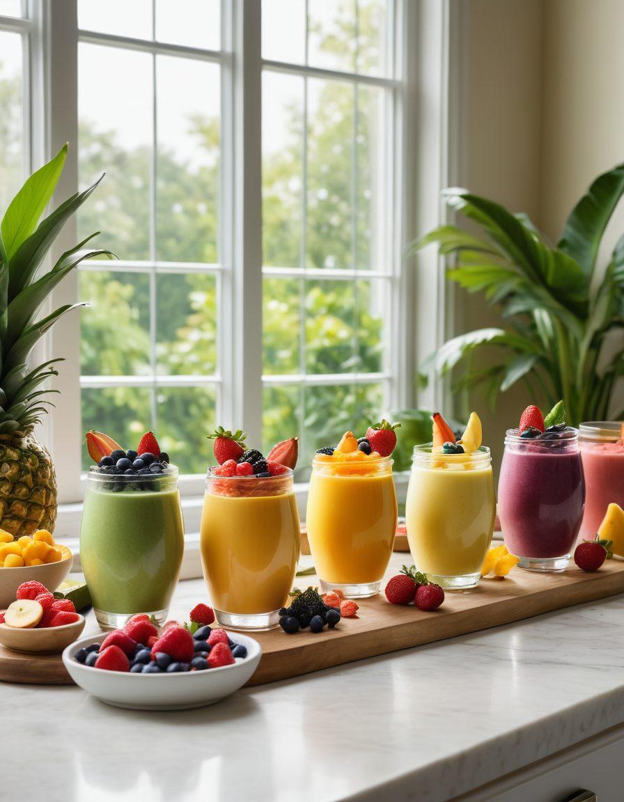 A vibrant kitchen scene showcasing an array of colorful smoothies and parfaits made with various yogurt alternatives. Fresh fruits like berries, bananas, and tropical fruits are artistically arranged, alongside health-conscious toppings like nuts and seeds. The background features a sunlit window with green plants to emphasize a fresh, healthy atmosphere. Captivating jars and glassware filled with creamy, luscious alternatives invite viewers to explore delicious choices. super-realistic. bright colors. natural lighting.